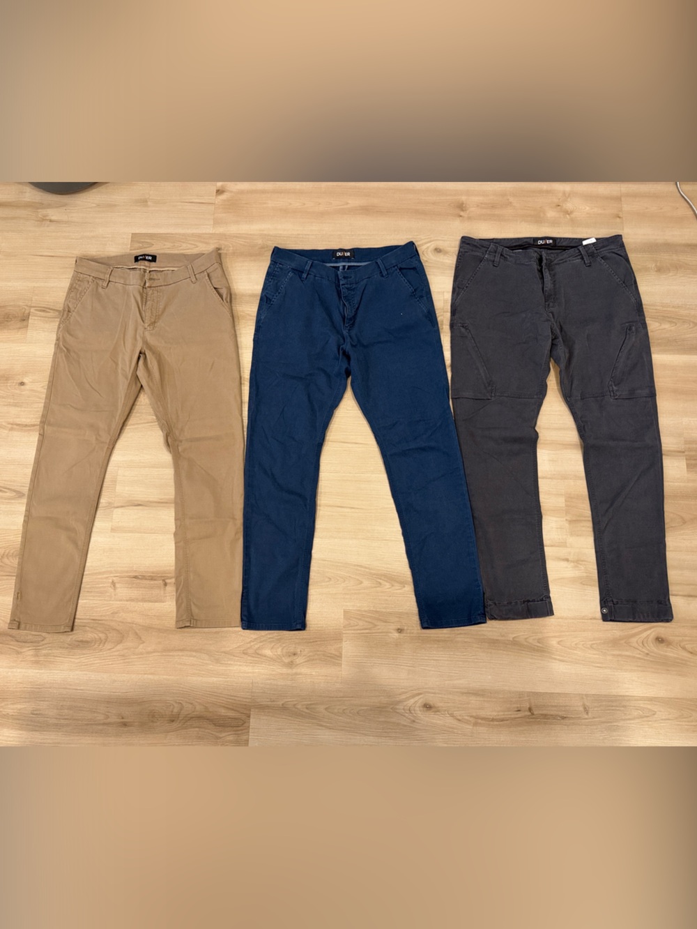 Men’s DU/ER 36 W 32L Chino Pants Trio - Tan, Navy & Charcoal